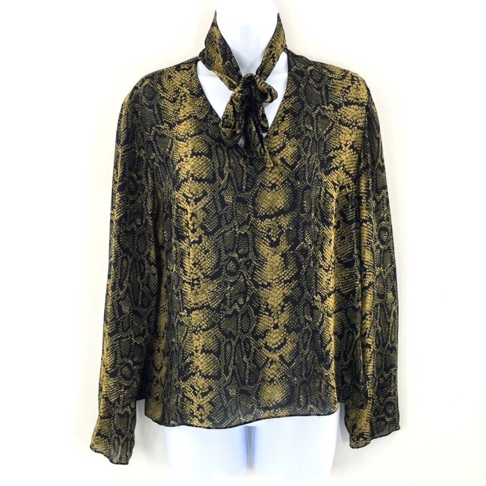 Vtg Silk Snake Print Blouse Green Black Tie Neck Pullover Long Sleeve Blouse